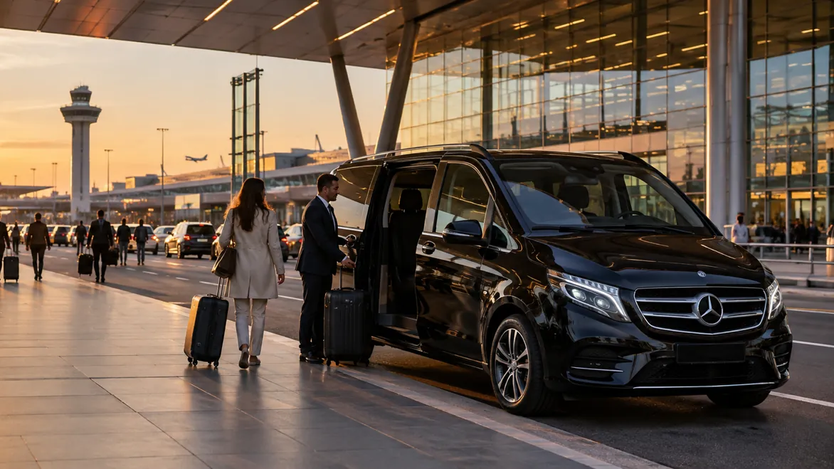 Chauffeur zet bagage in een zwarte Mercedes V-Klasse bij de vertrekhal