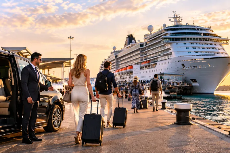 Chauffeur wacht met een zwarte bus aan de cruisekade