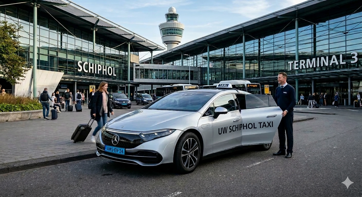 Zilveren Mercedes EQS taxi van UwSchipholTaxi bij Schiphol Airport Terminal 3