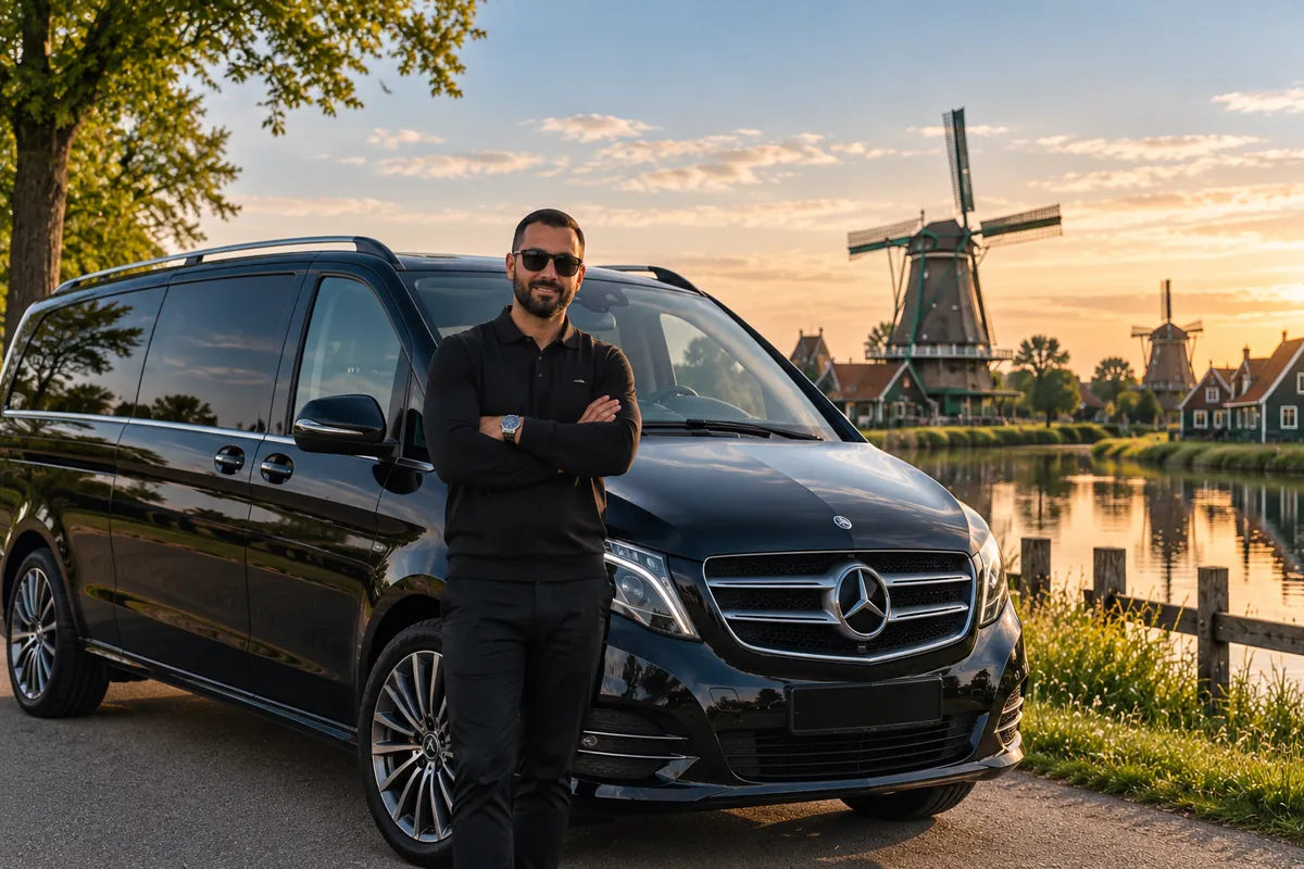 De eigenaar van Uw Schiphol Taxi bij zijn Mercedes V-Klasse