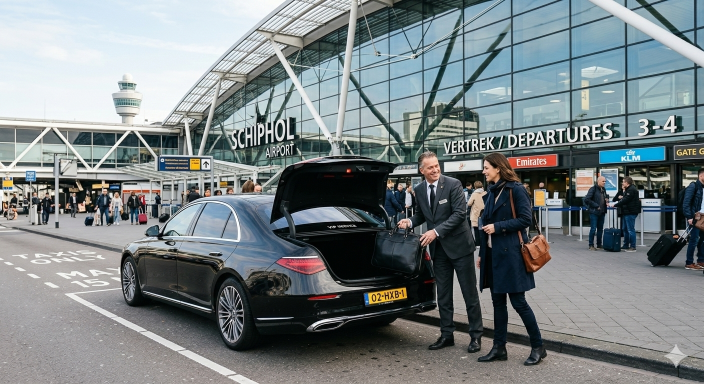 UwSchipholTaxi chauffeur laadt bagage in Mercedes S-Klasse