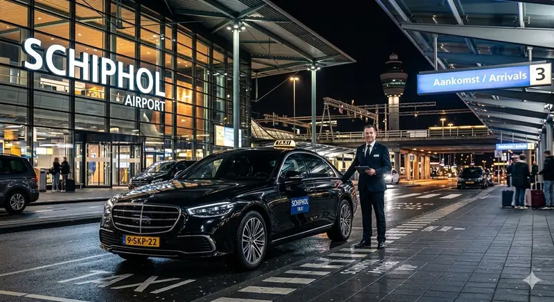 UwSchipholTaxi Mercedes S-Klasse bij Schiphol in de avond