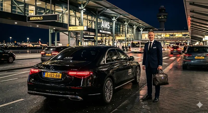 UwSchipholTaxi Mercedes S-Klasse bij Schiphol Arrivals