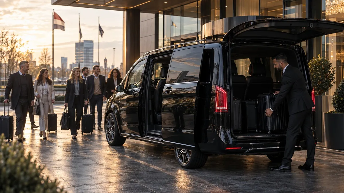Zakelijke gasten bij een Mercedes V-Klasse, chauffeur laadt de bagage in